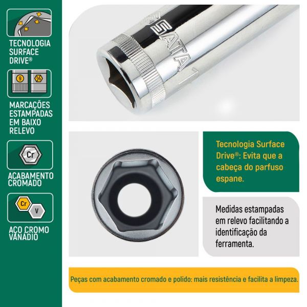 Soquete Sextavado Longo 1/2 Pol. de 9/16 Pol. Sata