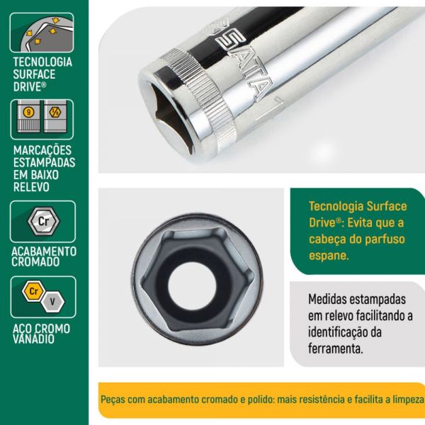 Soquete Sextavado Longo 1/2 Pol. de 3/8 Pol. Sata