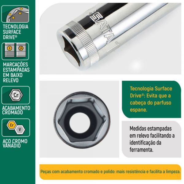 Soquete Sextavado Longo 1/2 Pol. x 3/4 Pol. Sata