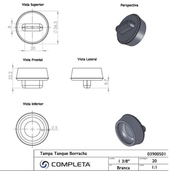 Tampa de Borracha para Tanque 1.3/8 Pol. Branca Completa