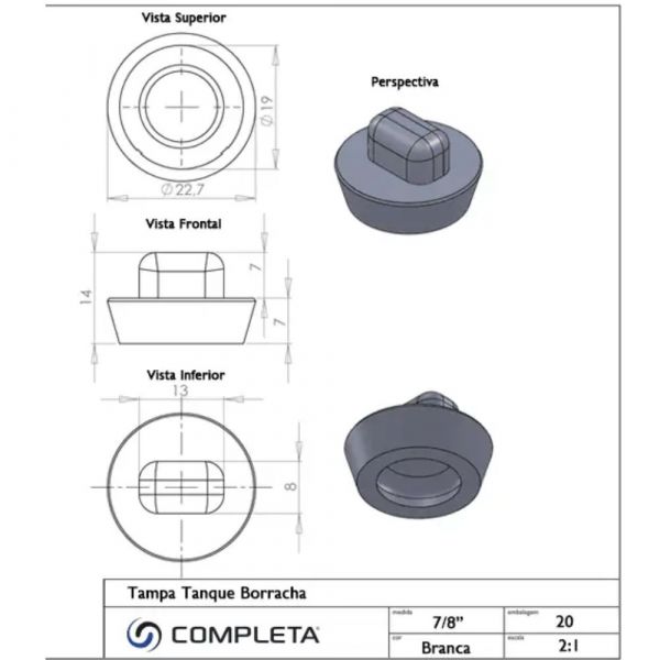 Tampa de Borracha para Tanque 7/8 Pol. Branca Completa