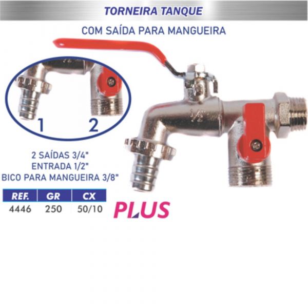 Torneira Esfera Máquina e Tanque 2 Saídas Bico 1/2 Pol. X 3/4 Pol. Lotus