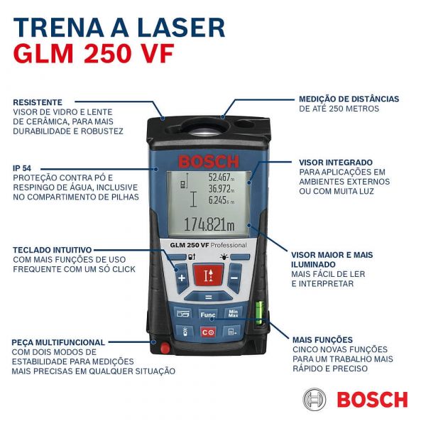 Trena laser Bosch GLM 250 VF de 250 Metros com Visor Integrado