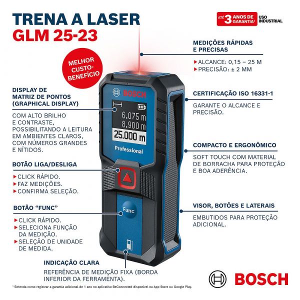 Trena Laser com alcance de 25M GLM 25-23 Bosch