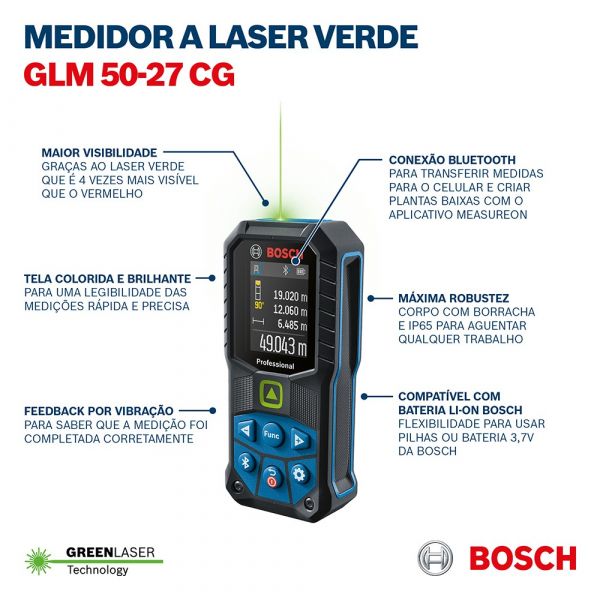 Trena Laser Verde Bosch GLM 50-27 CG com Bluetooth Bosch