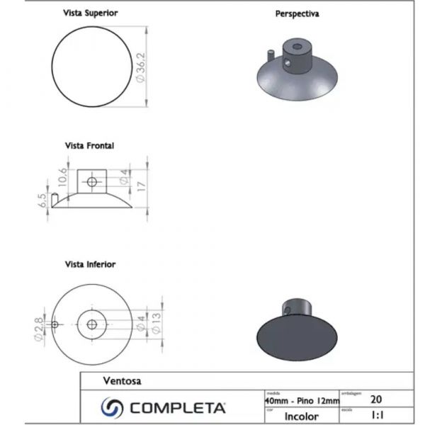Ventosa 40mm Pino 12 Incolor Completa