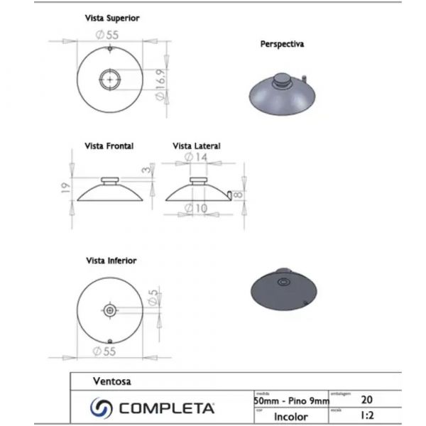 Ventosa 50mm Pino 9 Incolor Completa